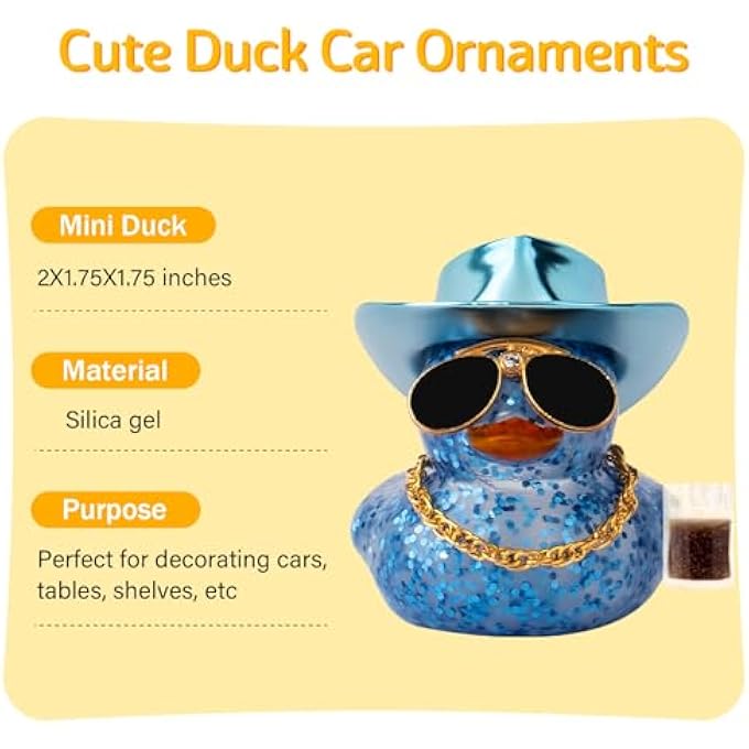 wonuu Car Decorations Beer Rubber Ducks, Dashboard Rubber Ducky for Car Ornament Cute Duck with Laser Cowboy Hat, Glasses, Necklace, Brown Beer-Blue - Image 2