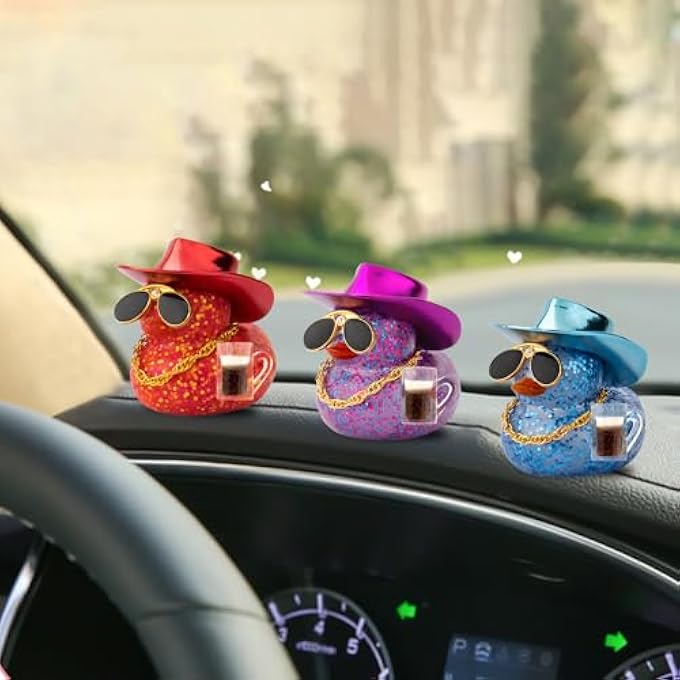 wonuu Car Decorations Beer Rubber Ducks, Dashboard Rubber Ducky for Car Ornament Cute Duck with Laser Cowboy Hat, Glasses, Necklace, Brown Beer-Blue - Image 5