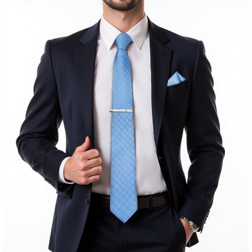 DiBanGu Plaid Ties for Men Silk Checkered Necktie and Pocket Square Cufflinks Tie Clip Set with Gift Box for Wedding Business, Sky Blue - Image 2