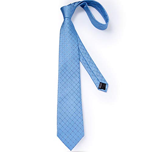 DiBanGu Plaid Ties for Men Silk Checkered Necktie and Pocket Square Cufflinks Tie Clip Set with Gift Box for Wedding Business, Sky Blue - Image 4