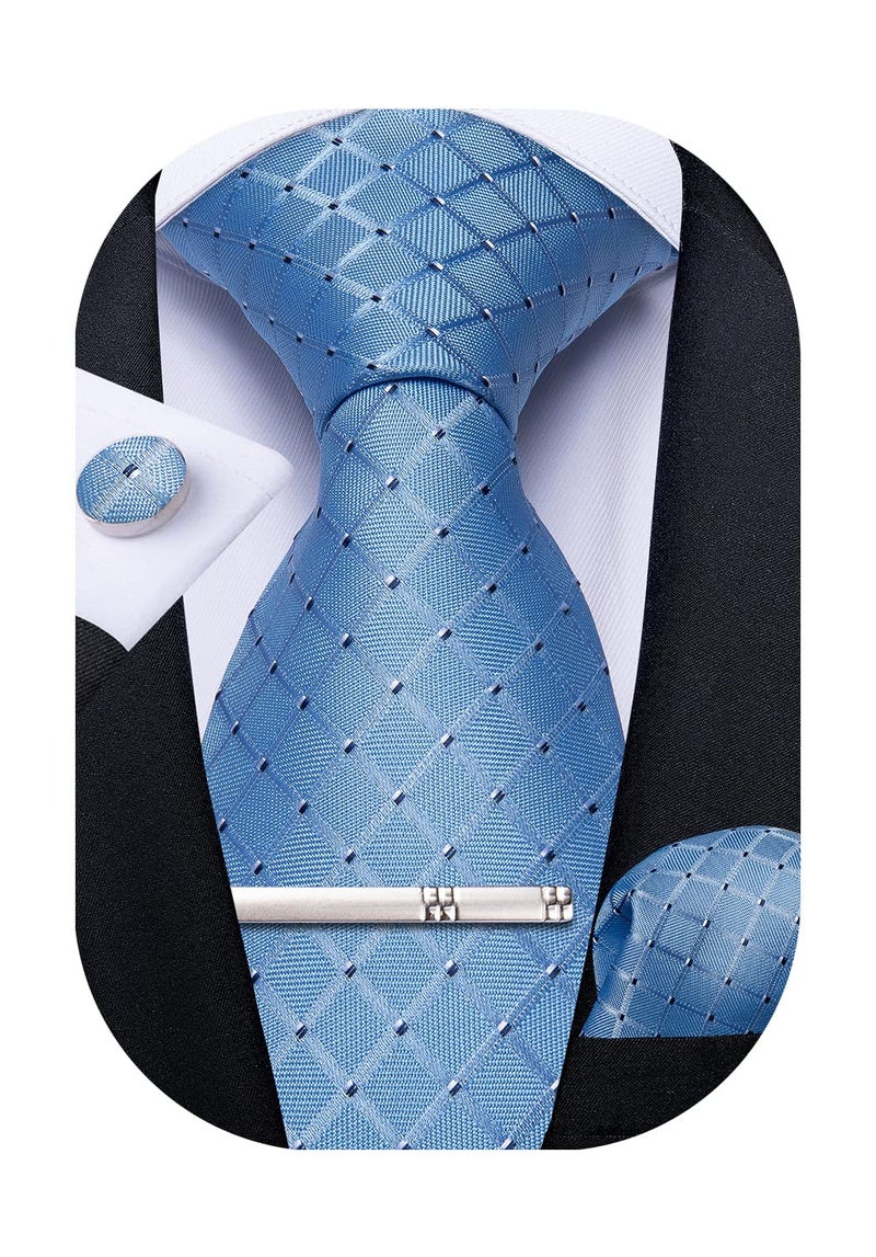 DiBanGu Plaid Ties for Men Silk Checkered Necktie and Pocket Square Cufflinks Tie Clip Set with Gift Box for Wedding Business, Sky Blue - Image 1