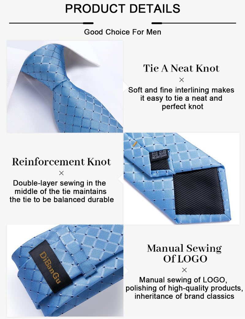 DiBanGu Plaid Ties for Men Silk Checkered Necktie and Pocket Square Cufflinks Tie Clip Set with Gift Box for Wedding Business, Sky Blue - Image 5