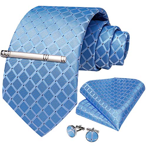DiBanGu Plaid Ties for Men Silk Checkered Necktie and Pocket Square Cufflinks Tie Clip Set with Gift Box for Wedding Business, Sky Blue - Image 3
