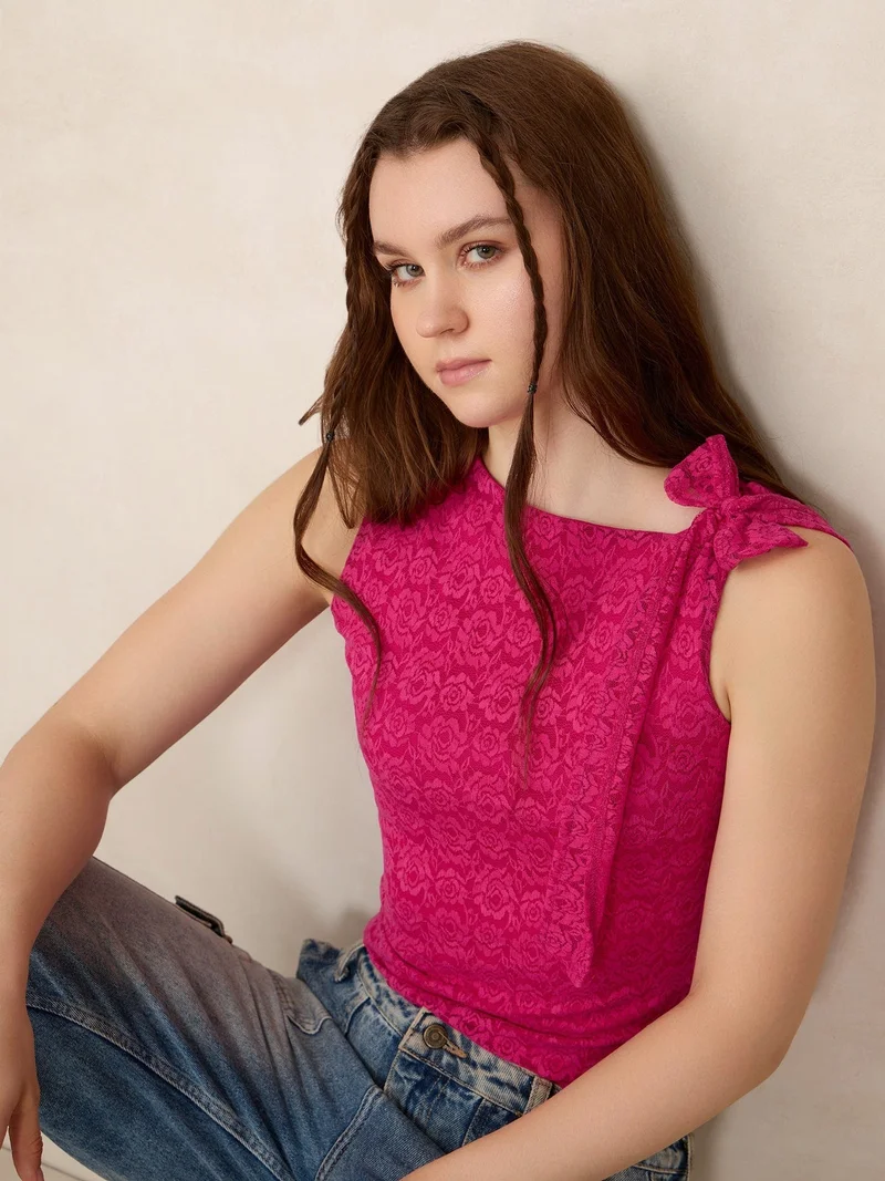 Outzidr  Pink Lace Tie Up Top for Women | Best Price UAE