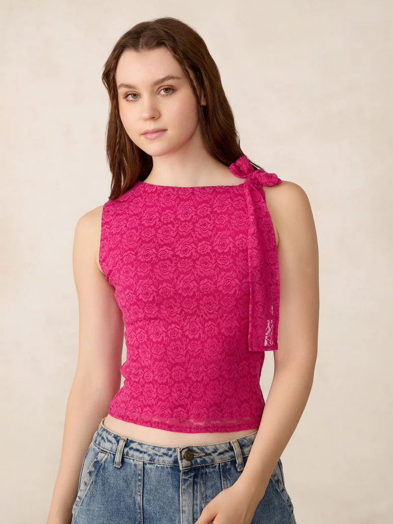 Outzidr  Pink Lace Tie Up Top for Women | Best Price UAE