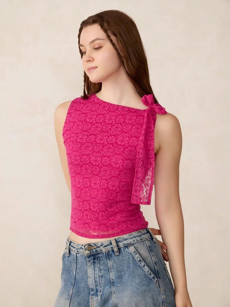 Outzidr  Pink Lace Tie Up Top for Women | Best Price UAE