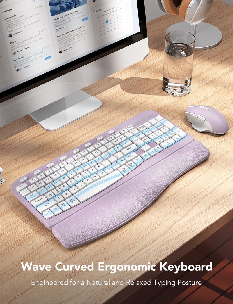 SABLUTE Wireless Keyboard and Mouse Combo, Ergonomic Wave Key, Cushioned Plam Rest, Comfortable Silent Natural Typing, 2.4G Lag-Free, Full Size Keyboards Cordless Set for Multi-OS, Windows/Mac, Purple - Image 2