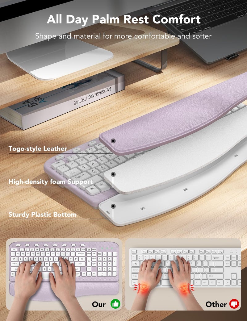 SABLUTE Wireless Keyboard and Mouse Combo, Ergonomic Wave Key, Cushioned Plam Rest, Comfortable Silent Natural Typing, 2.4G Lag-Free, Full Size Keyboards Cordless Set for Multi-OS, Windows/Mac, Purple - Image 3