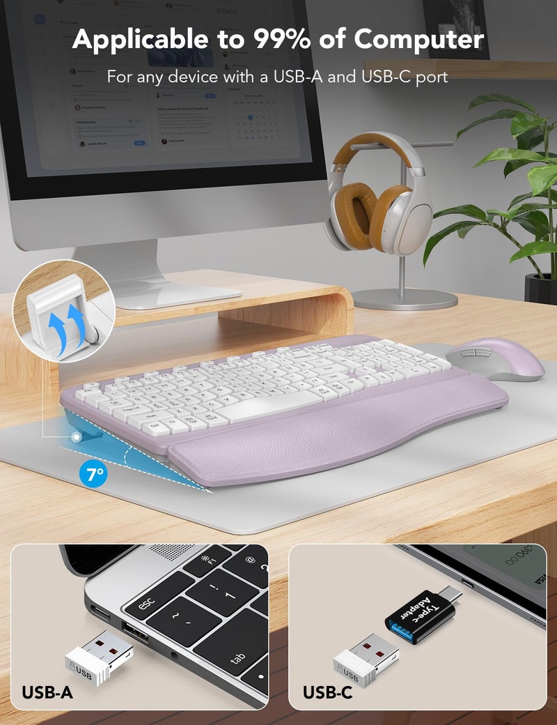 SABLUTE Wireless Keyboard and Mouse Combo, Ergonomic Wave Key, Cushioned Plam Rest, Comfortable Silent Natural Typing, 2.4G Lag-Free, Full Size Keyboards Cordless Set for Multi-OS, Windows/Mac, Purple - Image 4