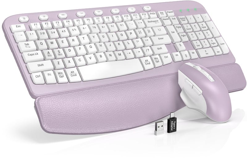 SABLUTE Wireless Keyboard and Mouse Combo, Ergonomic Wave Key, Cushioned Plam Rest, Comfortable Silent Natural Typing, 2.4G Lag-Free, Full Size Keyboards Cordless Set for Multi-OS, Windows/Mac, Purple - Image 1