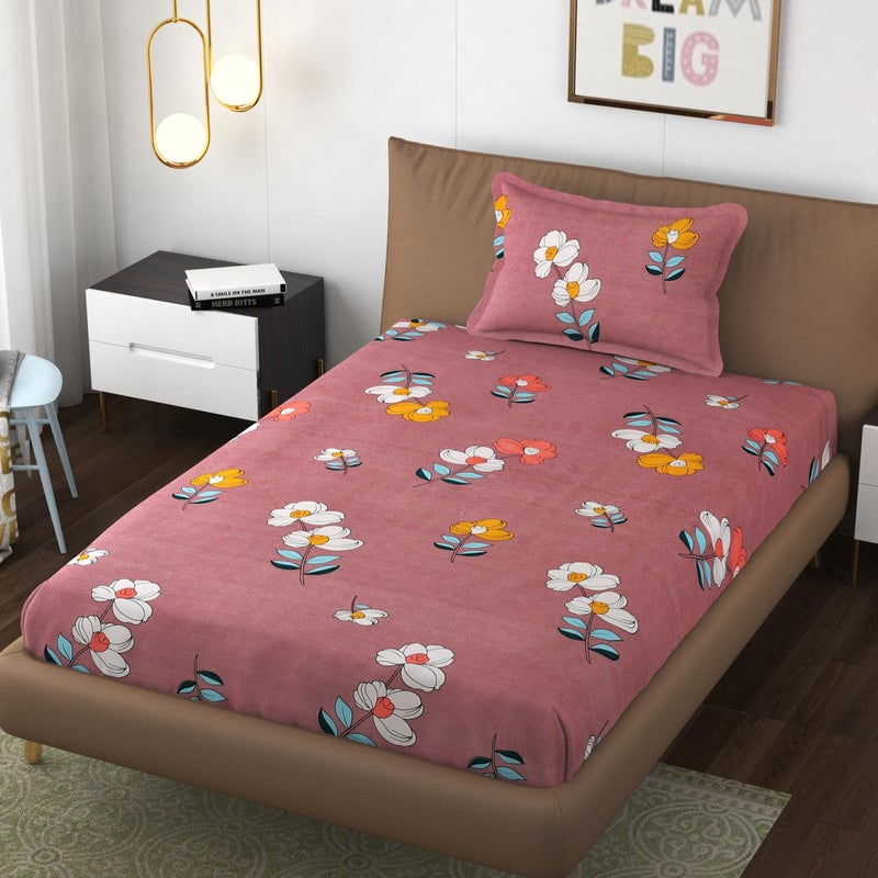 BLUSH & BLOOM Super Soft Cotton Feel All Round Elastic Fitted Single Bedsheet with 1 Pillow Cover-36 x 72 x 8 Inches, 92 cm x 182 cm x 20 cm-Violet - Image 1