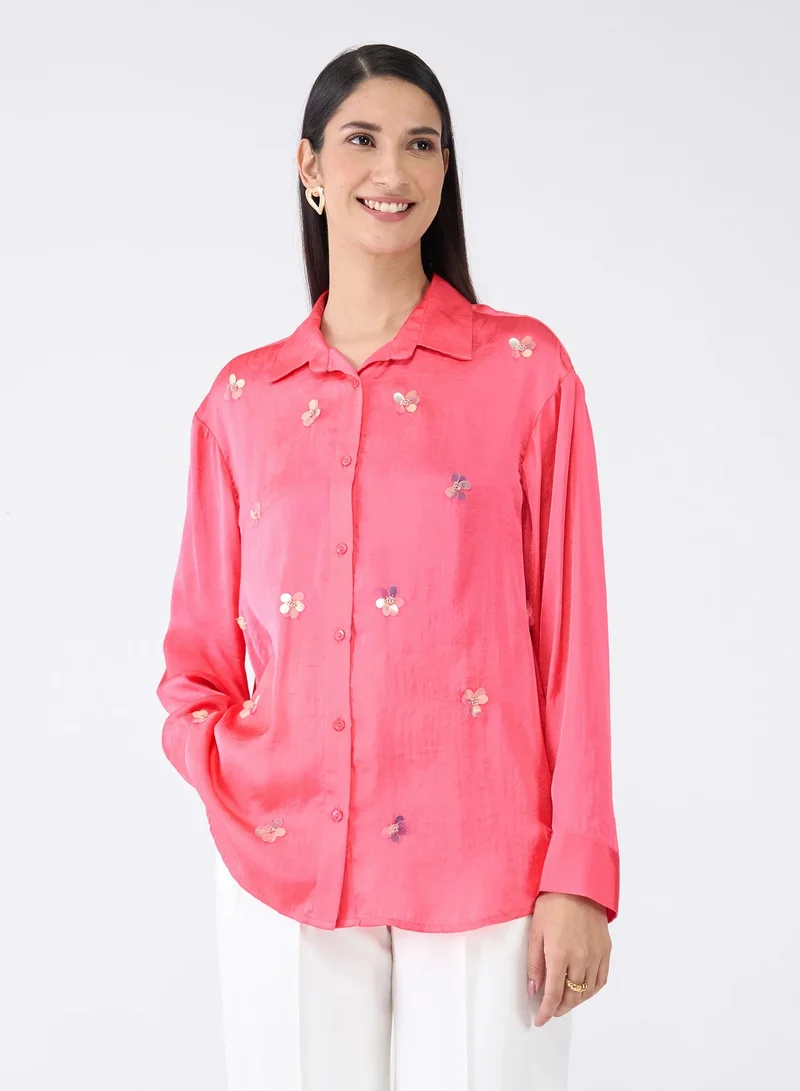 Salt Attire Women's Pink Embellished Button-Down Shirt | Collared Top with Full-Length Cuffed Sleeves & Dropped Shoulders | Elegant, Stylish Pink Shirt