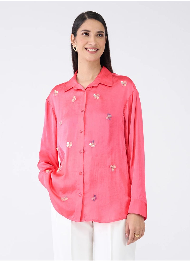Salt Attire Women's Pink Embellished Button-Down Shirt | Collared Top with Full-Length Cuffed Sleeves & Dropped Shoulders | Elegant, Stylish Pink Shirt  - Image 1