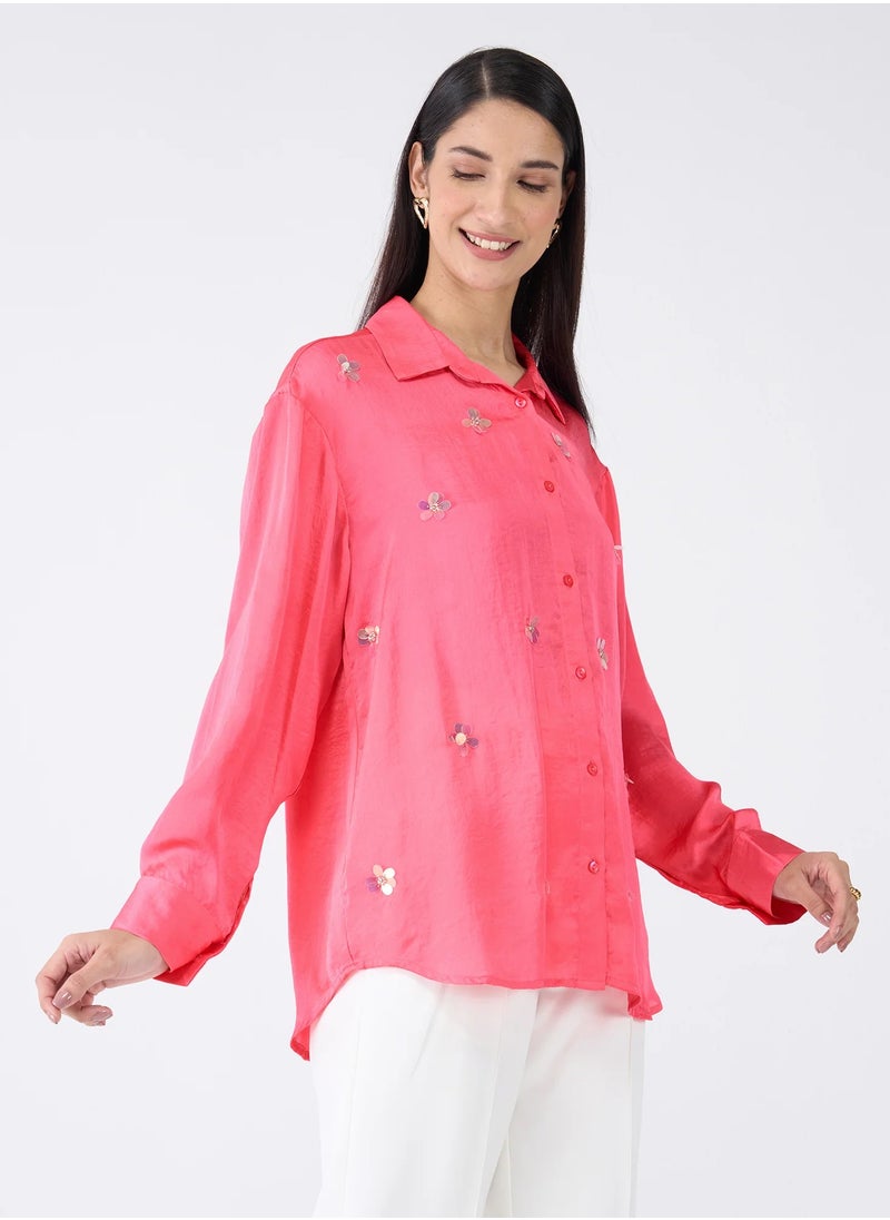 Salt Attire Women's Pink Embellished Button-Down Shirt | Collared Top with Full-Length Cuffed Sleeves & Dropped Shoulders | Elegant, Stylish Pink Shirt  - Image 5