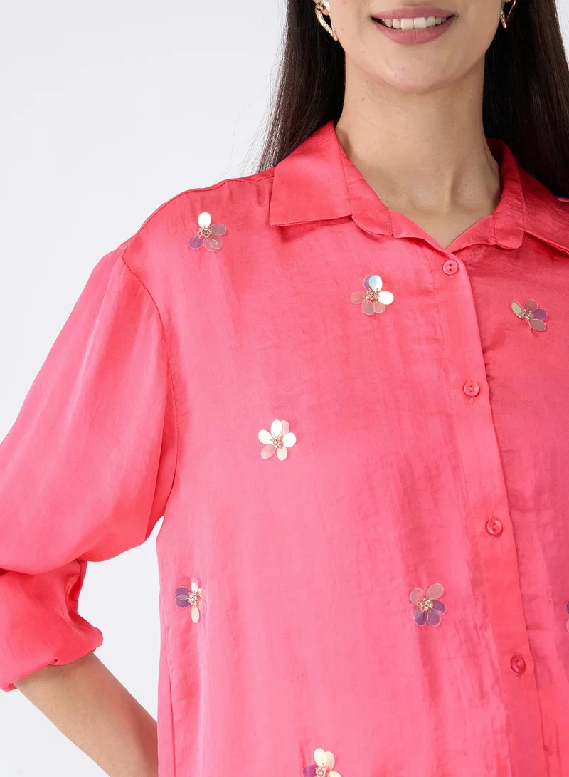 Salt Attire Women's Pink Embellished Button-Down Shirt | Collared Top with Full-Length Cuffed Sleeves & Dropped Shoulders | Elegant, Stylish Pink Shirt