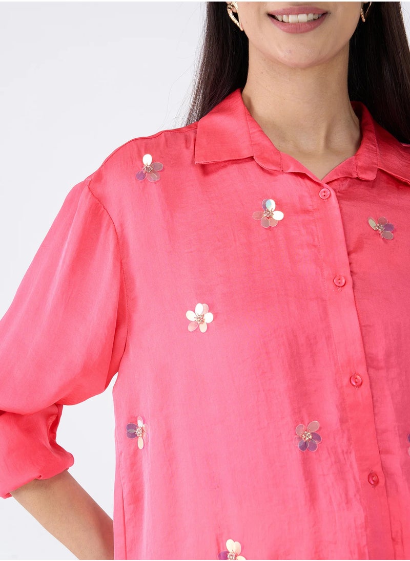 Salt Attire Women's Pink Embellished Button-Down Shirt | Collared Top with Full-Length Cuffed Sleeves & Dropped Shoulders | Elegant, Stylish Pink Shirt  - Image 4