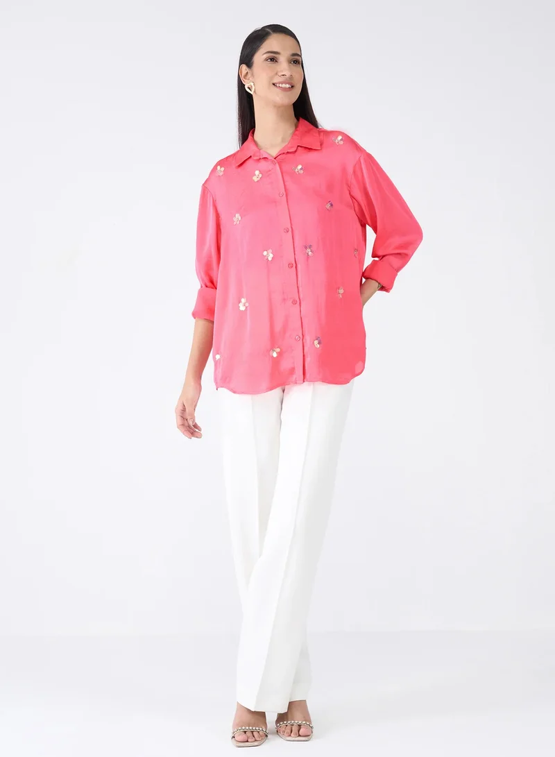 Salt Attire Women's Pink Embellished Button-Down Shirt | Collared Top with Full-Length Cuffed Sleeves & Dropped Shoulders | Elegant, Stylish Pink Shirt
