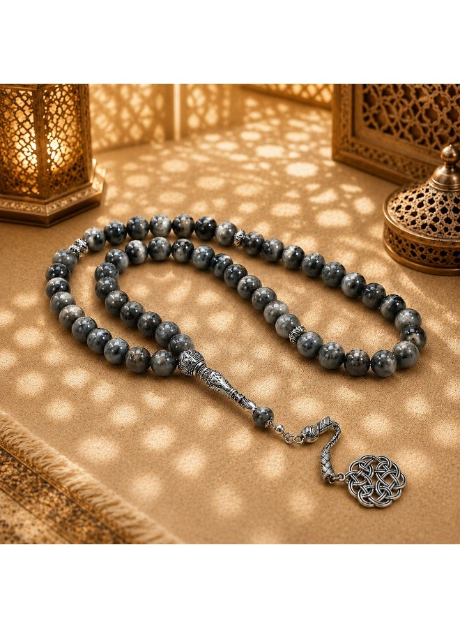 VEYRA 45-Bead Natural Swan Stone Tasbih, 8mm Islamic Prayer Beads with Vintage Silver Details - Image 3