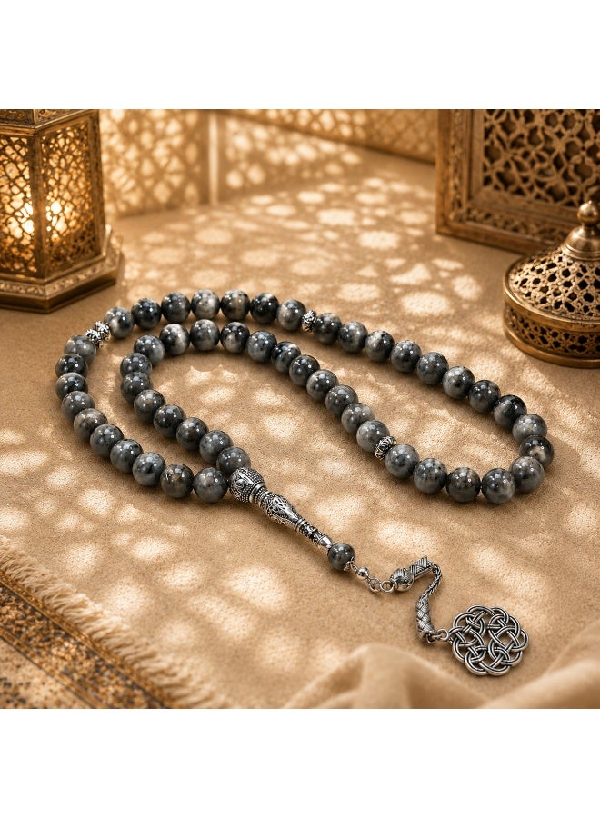VEYRA 45-Bead Natural Swan Stone Tasbih, 8mm Islamic Prayer Beads with Vintage Silver Details - Image 2