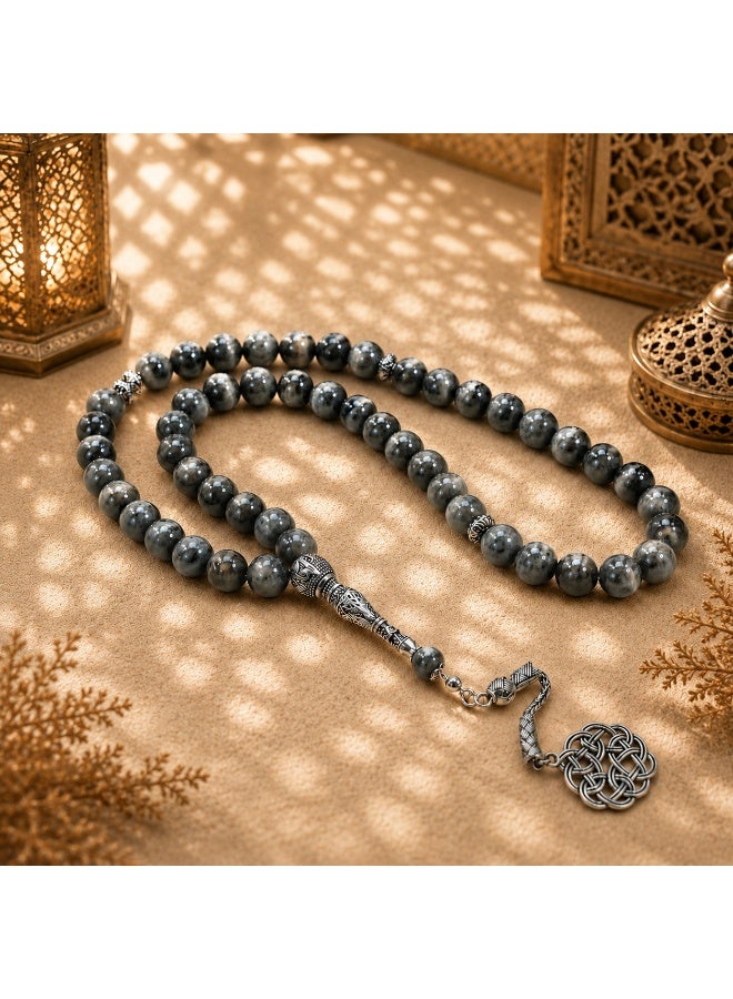 VEYRA 45-Bead Natural Swan Stone Tasbih, 8mm Islamic Prayer Beads with Vintage Silver Details - Image 5