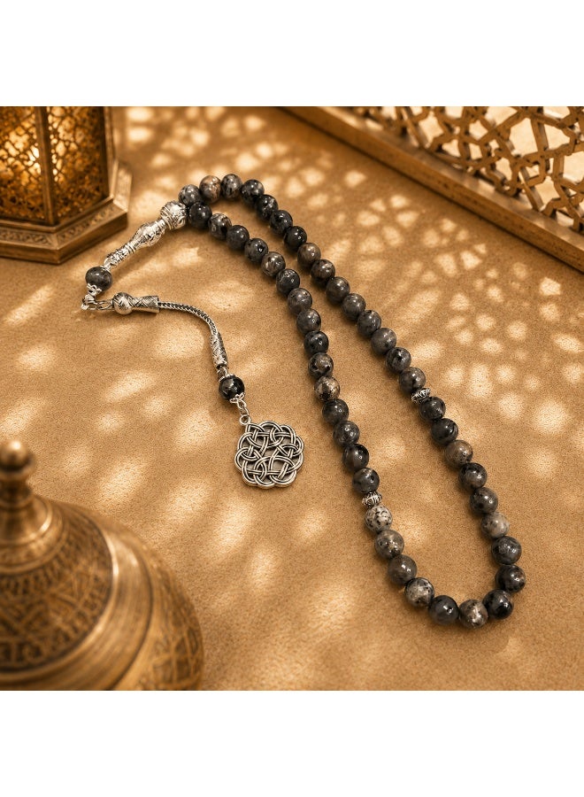 VEYRA 45-Bead Natural Swan Stone Tasbih, 8mm Islamic Prayer Beads with Vintage Silver Details - Image 4