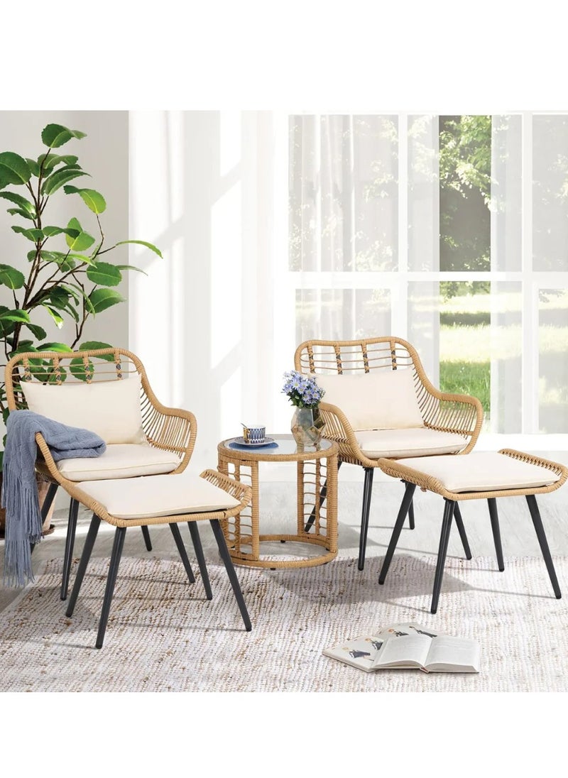 Wooden Twist Bistro Hand Woven Conversation Chair With Footrest & Round Side Table 5 Piece Outdoor Wicker Set  - Image 1