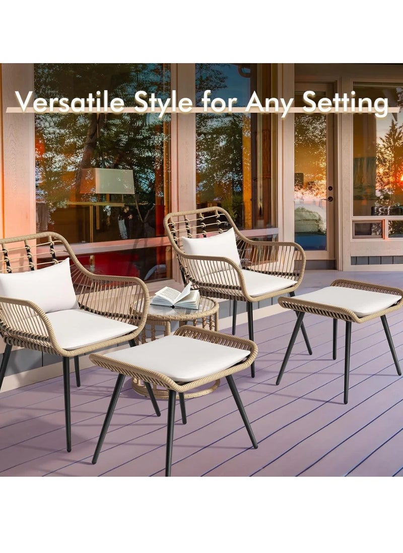 Wooden Twist Bistro Hand Woven Conversation Chair With Footrest & Round Side Table 5 Piece Outdoor Wicker Set  - Image 4