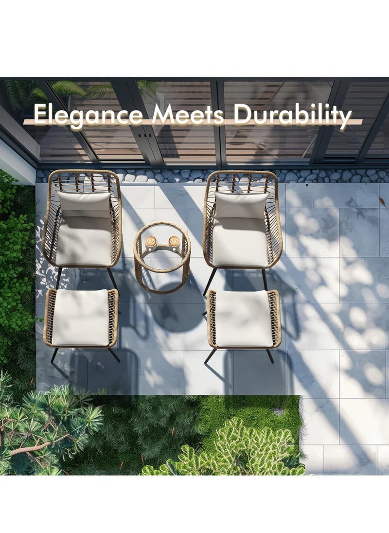 Wooden Twist Bistro Hand Woven Conversation Chair With Footrest & Round Side Table 5 Piece Outdoor Wicker Set  - Image 5