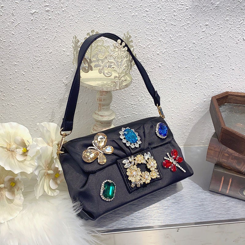 Dreamy Color Jewel Bag Silk Satin Texture Silky Exquisite Flora Embellishment Eye-Absorbing Fashionable Underarm Bag - Image 2