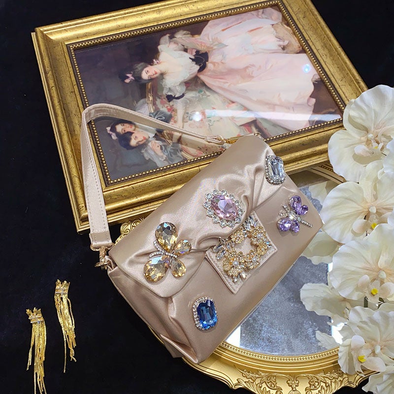 Dreamy Color Jewel Bag Silk Satin Texture Silky Exquisite Flora Embellishment Eye-Absorbing Fashionable Underarm Bag - Image 3