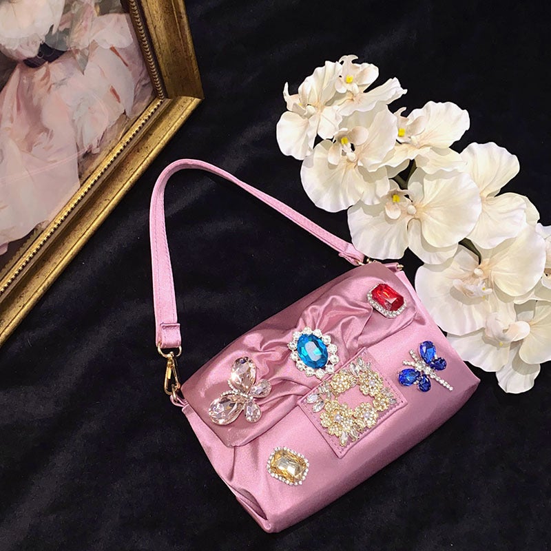 Dreamy Color Jewel Bag Silk Satin Texture Silky Exquisite Flora Embellishment Eye-Absorbing Fashionable Underarm Bag - Image 4
