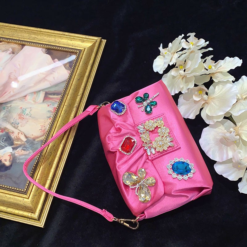 Dreamy Color Jewel Bag Silk Satin Texture Silky Exquisite Flora Embellishment Eye-Absorbing Fashionable Underarm Bag - Image 5