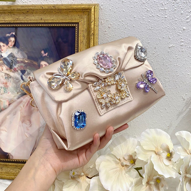 Dreamy Color Jewel Bag Silk Satin Texture Silky Exquisite Flora Embellishment Eye-Absorbing Fashionable Underarm Bag - Image 1