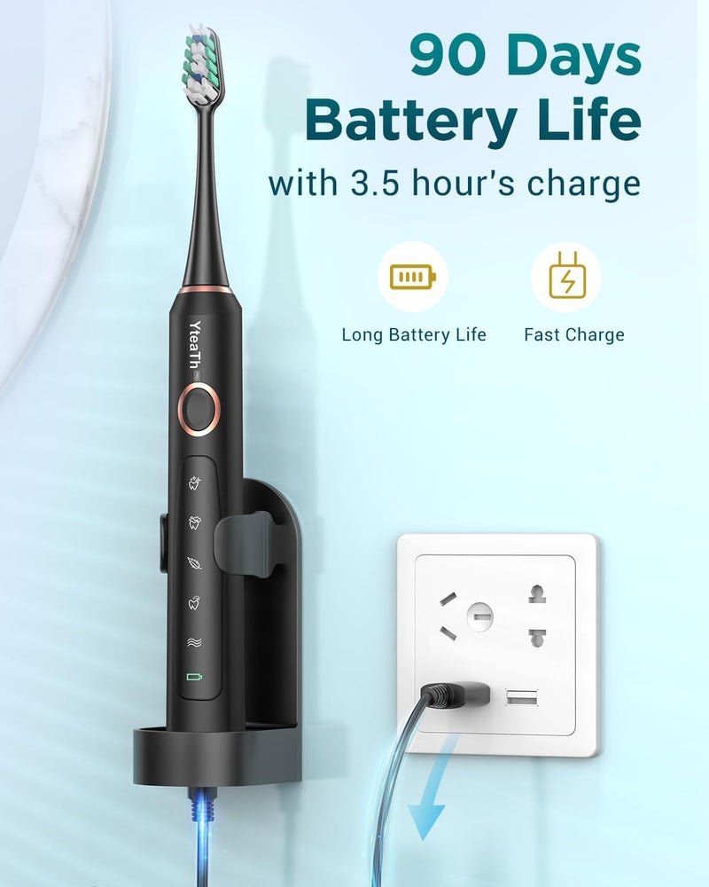 YTEATH PRO Sonic Electric Toothbrush for Adults - Sonic Toothbrush with 8 Brush Heads and Travel Case, 5 Modes, IPX7 Waterproof, Rechargeable Travel Electric Toothbrush, Black - Image 4