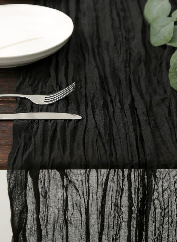 300×90cm Cheese Table Flag Pleated Gauze Tablecloth Wedding Party Decoration Rustic Boho Sheer Party Table Decor Farmhouse Table Runners Long Sand Table Runner for Wedding Reception Bridal Shower Baby Shower (Black) - Image 1