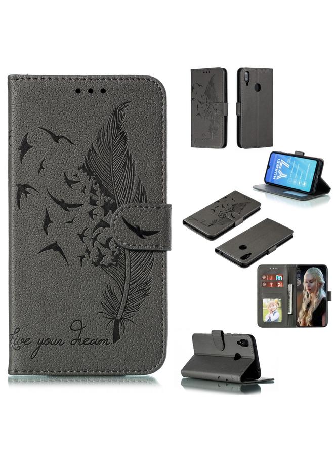 اس-توب جراب جلدي أفقي بتصميم ريشة من الليتشي مع محفظة وحامل وفتحات للبطاقات لهاتف هواوي Y7 - Image 1