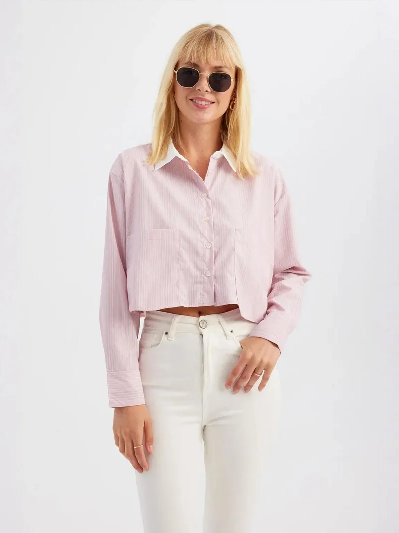 زوبعة قميص قطني قصير مخطط بجيب