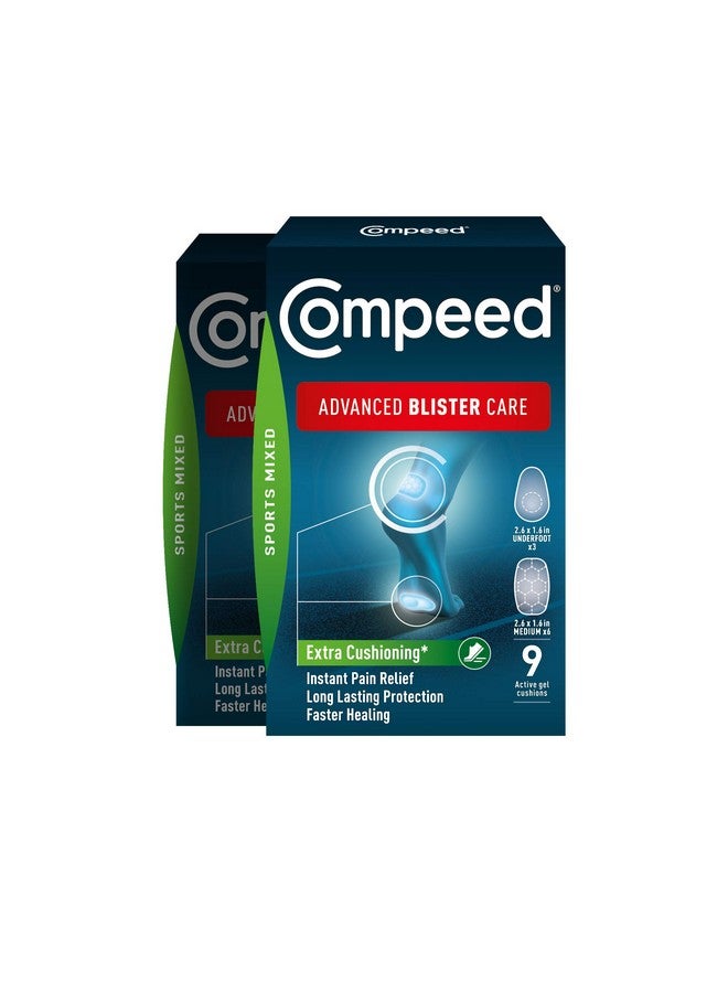 Compeed Advanced Blister Care 9 Count Sports Mixed (2 Packs), Hydrocolloid Bandages, Heel Blister Patches, Blister On Foot, Blister Prevention & Treatment Help, Waterproof Cushions - Image 1