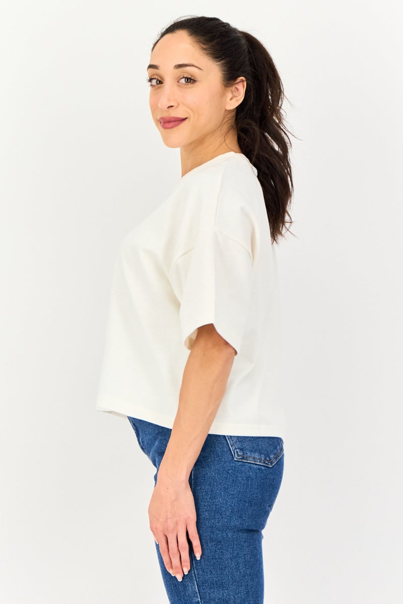 Core Elements Women Crew Neck Plain Short Sleeve T-Shirt, Off White - Image 4