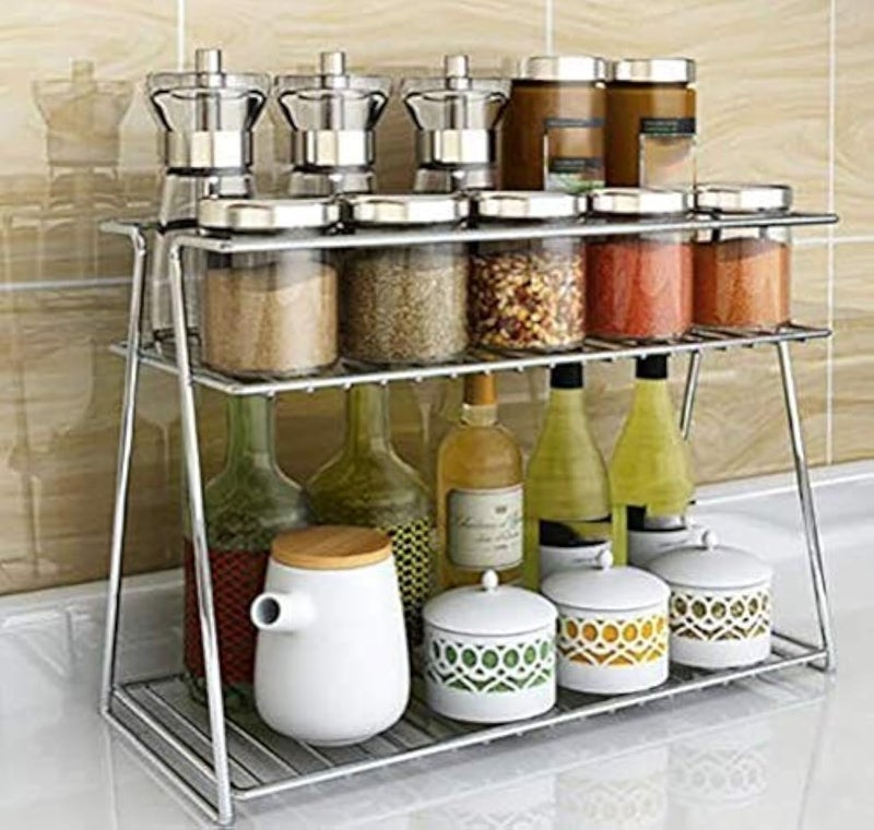 Cri8Hub Stainless Steel-2 Tier Kitchen Rack-Spice Boxes-Organizer-Kitchen Stand -Cosmetic Organizer, Counter Top Basket -Floor Mounted Shelf For Home And Bathroom(33 * 15 * 24) Cm, Tiered Shelf - Image 1