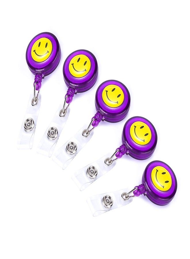 OLIREXD Pack of 5 Retractable Badge Holder ID Badge Metal Reel Clip On Card Holders, Smile Face 28" Thick Pull Cord, Smile Face Style,Purple - Image 1