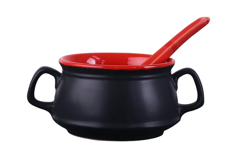 Caffeine Ceramic Handmade Red & Black Double Handled Soup Bowl (Set of 1) - Image 2