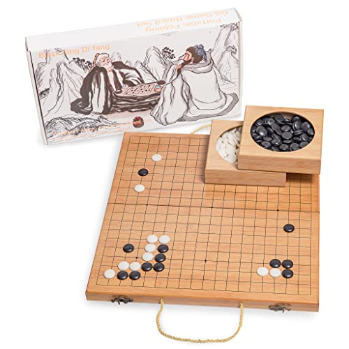 Black long Di fang 19 x19 Folding Go Game Set Board with and Bamboo Bowls and Imitation Jade Go Pieces - Image 1