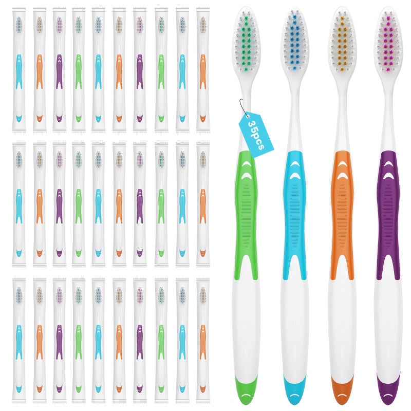 Frekare Bulk Toothbrushes 35 Pack, Individually Wrapped Toothbrushes Pack for Adults & Kids, Disposable Toothbrush Medium Soft for Travel, Donations, Hotels - Image 1