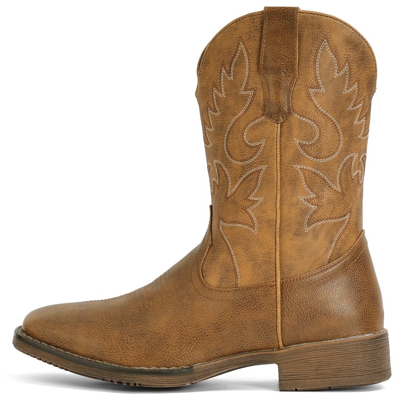 IUV Cowboy Boots for Men Square Toe Chunky Heel Western Boots with Retro Classic Embroidered Pull on Mid Calf Slip Resistant Casual Shoes - Image 4