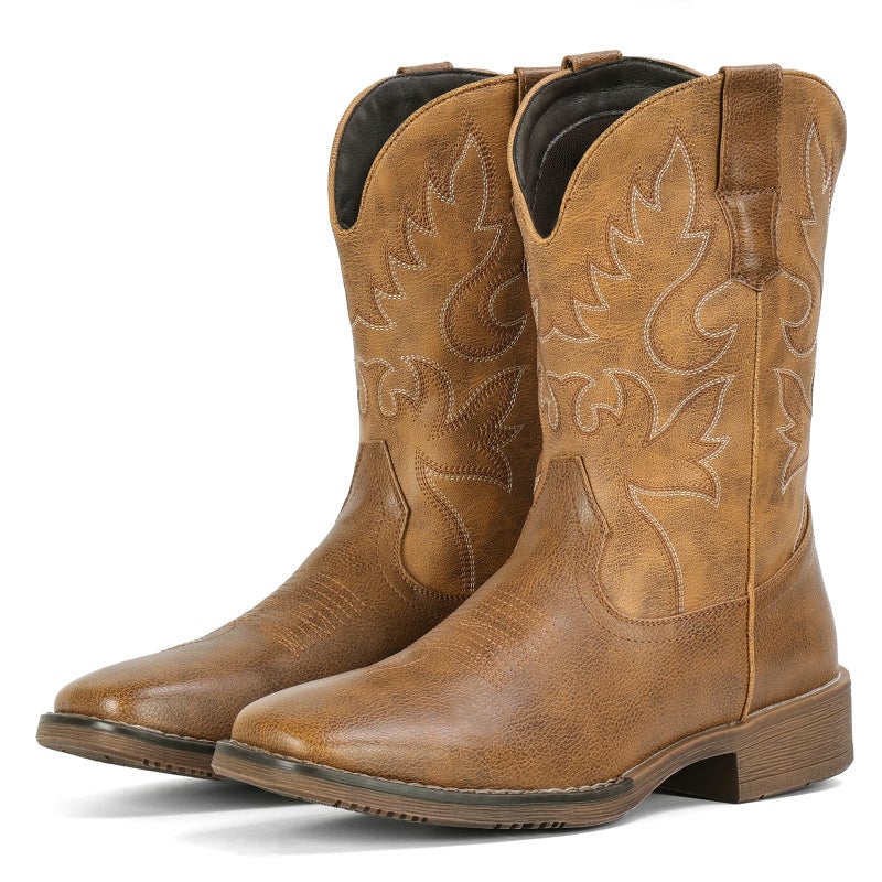 IUV Cowboy Boots for Men Square Toe Chunky Heel Western Boots with Retro Classic Embroidered Pull on Mid Calf Slip Resistant Casual Shoes - Image 1