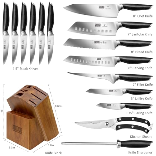 HOSHANHO 16-Piece Kitchen Knife Set with Block, Powder Steel High Carbon Steel Knife Block Set, Ultra Sharp Professional Chef Knife Set with Sharpener - Image 4