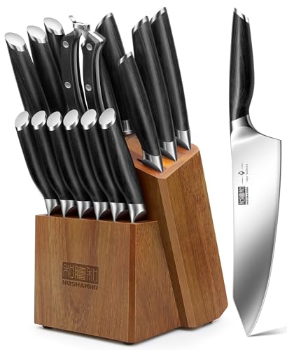 HOSHANHO 16-Piece Kitchen Knife Set with Block, Powder Steel High Carbon Steel Knife Block Set, Ultra Sharp Professional Chef Knife Set with Sharpener - Image 1