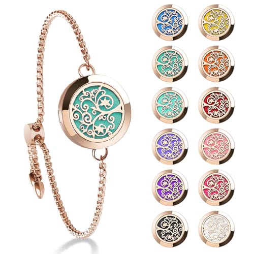 ttstar Essential Oil Diffuser Bracelet Stainless Steel Aromatherapy Locket Adjustable Bracelet Set with 24 Refill Pads in 12 Assorted Colors, Gifts Set for Women(Rose Gold) - Image 1