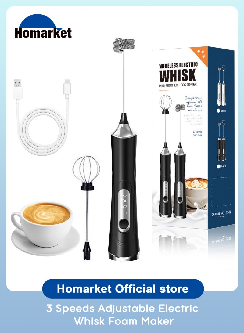 HomarKet Electric Double Whisk Milk Frother Handheld Black USB Rechargeable Drink Mixer, 3 Speeds Adjustable Electric Whisk Foam Maker Detachable for Coffee, Lattes, Matcha, Hot Chocolate - Image 1